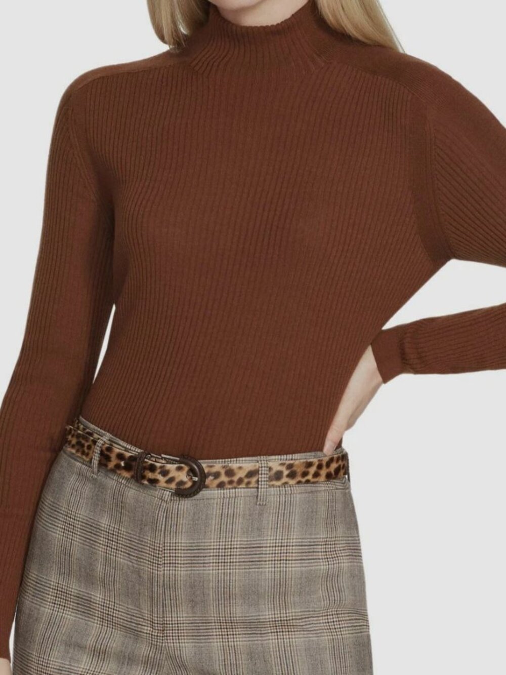 Lafayette 148 Womens Large Brown Ribbed Merino Wool Sweater Mock